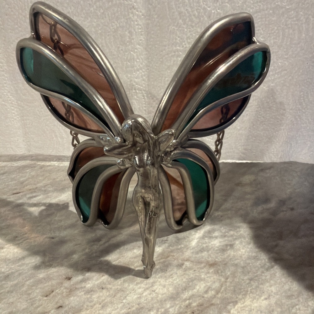 Vtg 6" Iridescent Stained Glass Butterfly Wings Fairy Art Nouveau Fantasy, Pixie